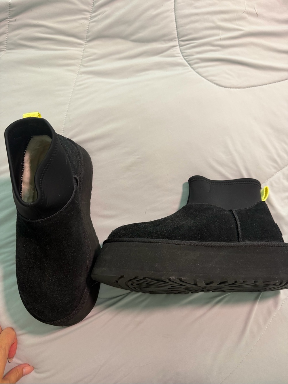 UGG Black Suede Ankle Boots with Yellow Pull Tabs
